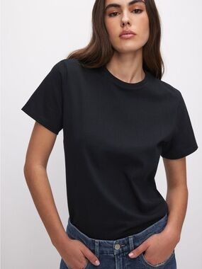 Good American Black Crewneck Cotton Classic Short Sleeve Tee NWT